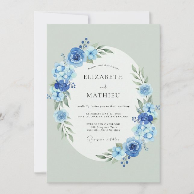 Convite Casamento de Primavera com Aquarela Azul Desbotado (Frente)