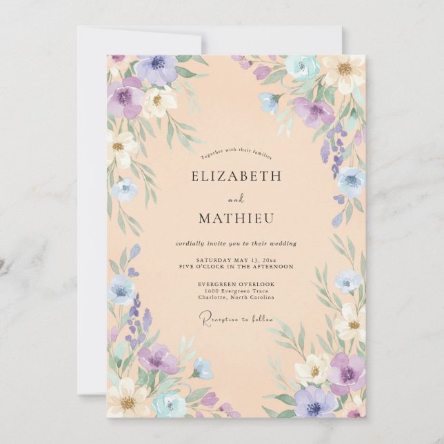 Convite Casamento de Primavera com Aquarela de Pêssego e L (Frente)