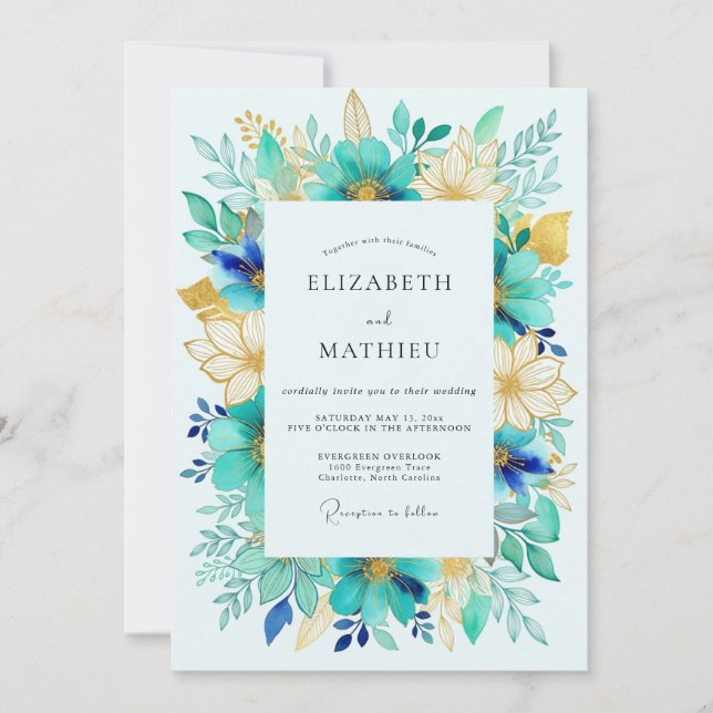 Convite Casamento de Primavera com Aquarela Radiante Turqu (Frente)