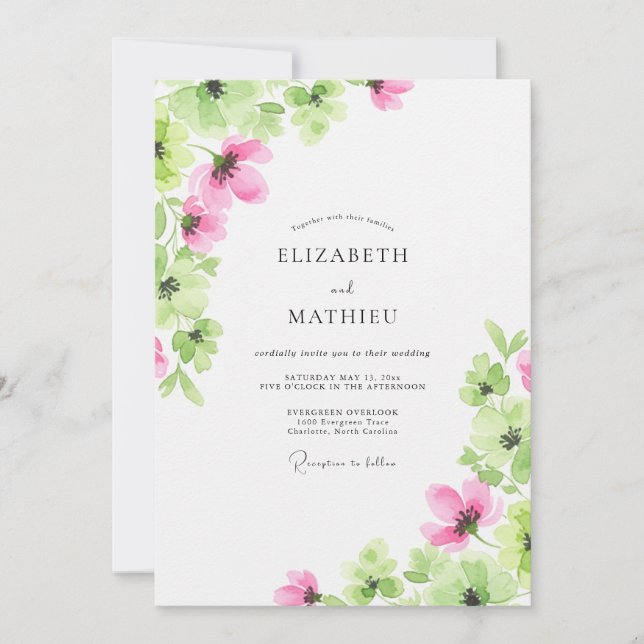Convite Casamento de Primavera com Aquarela Rosa (Frente)