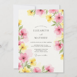 Convite Casamento de Primavera com Aquarela Rosa Amarelo
