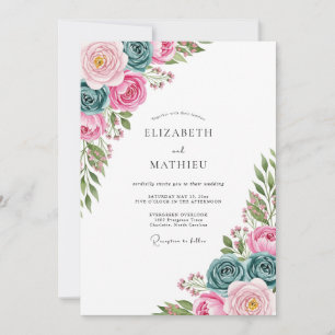 Convite Casamento de Primavera com Aquarela Rosa e Turques