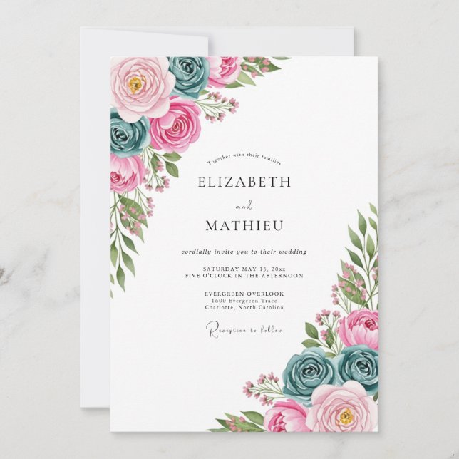 Convite Casamento de Primavera com Aquarela Rosa e Turques (Frente)