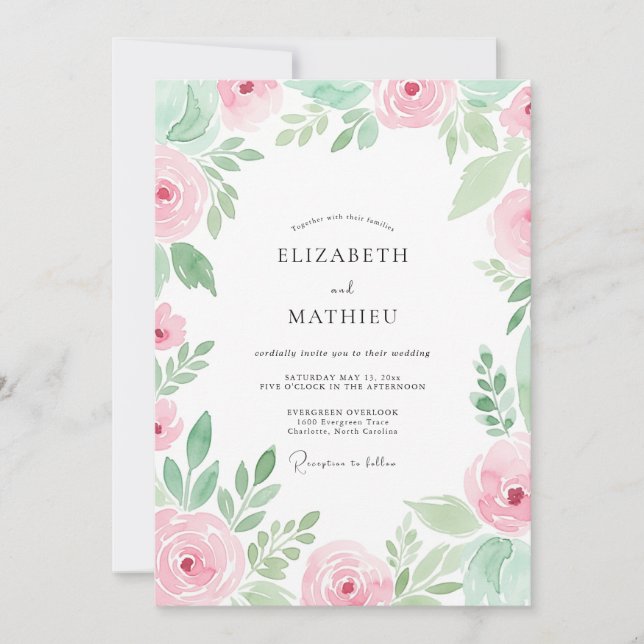 Convite Casamento de Primavera com Aquarela Rosa Suave (Frente)