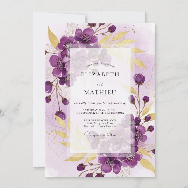 Convite Casamento de Primavera com Brilho Roxo (Frente)