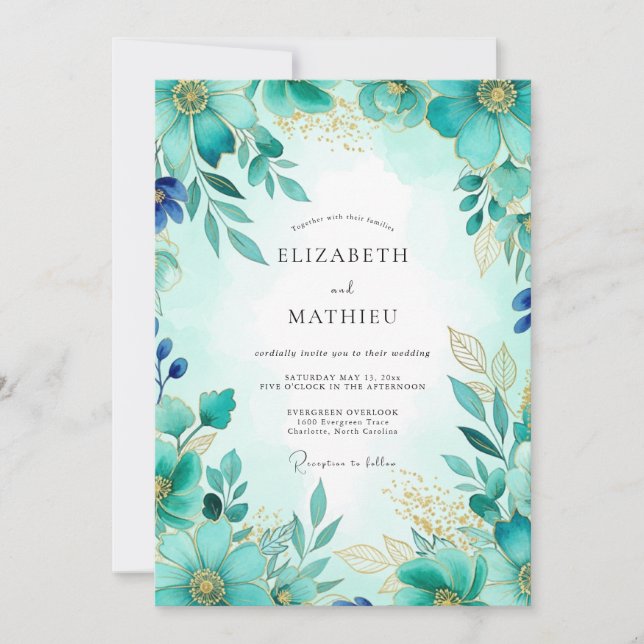 Convite Casamento de Primavera com Brilho Turquesa (Frente)