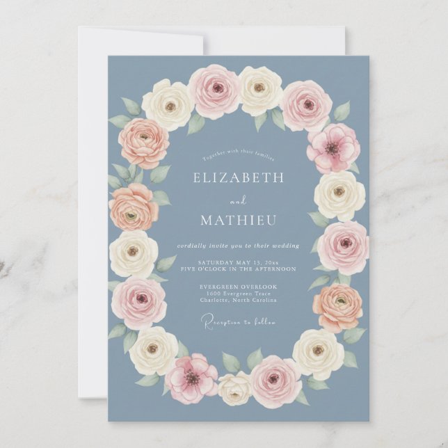 Convite Casamento de Primavera com Estética Azul Empoeirad (Frente)