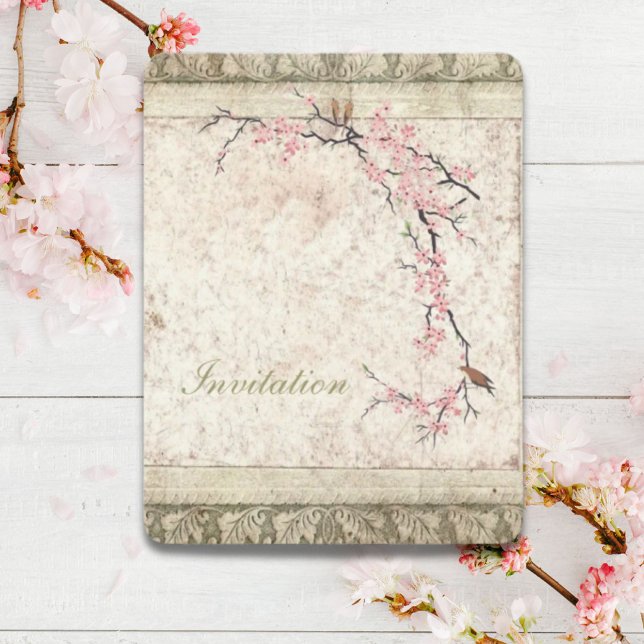 Convite casamento de primavera com flor de cerejeira japon (pink floral japanese cherry blossom spring wedding invitation)