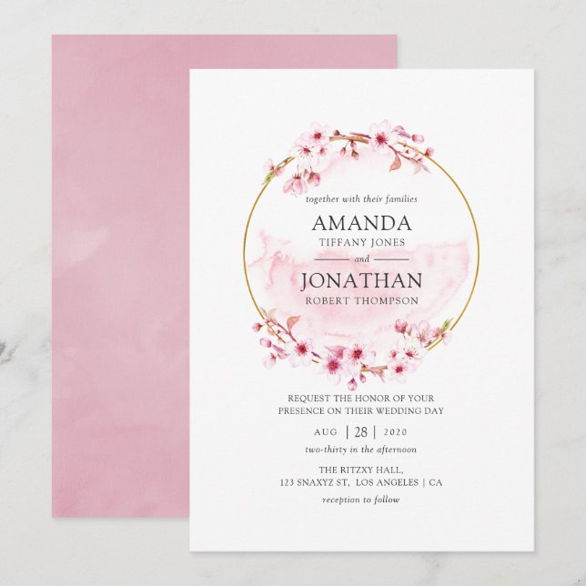 Convite Casamento de Primavera com Flor de Cerejeira Rosa  (Frente/Verso)