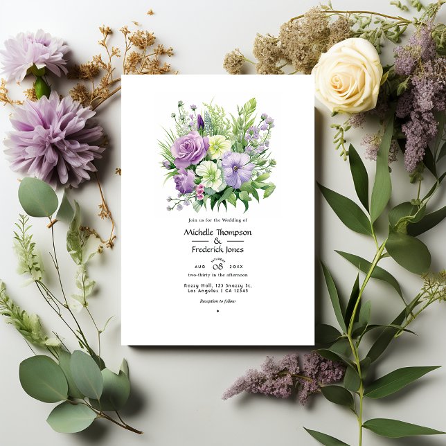 Convite Casamento de Primavera com Lavanda e Floral Verde (Criador carregado)