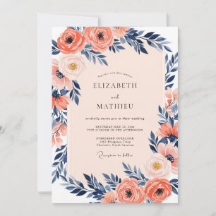 Convite Casamento de Primavera Coral Luminoso Índigo