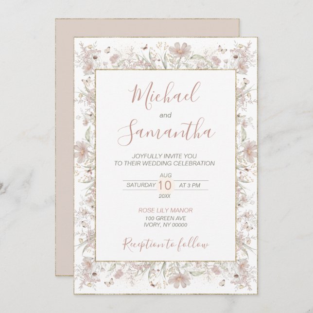 Convite Casamento de primavera de Blush e Sage Wildflower (Frente/Verso)