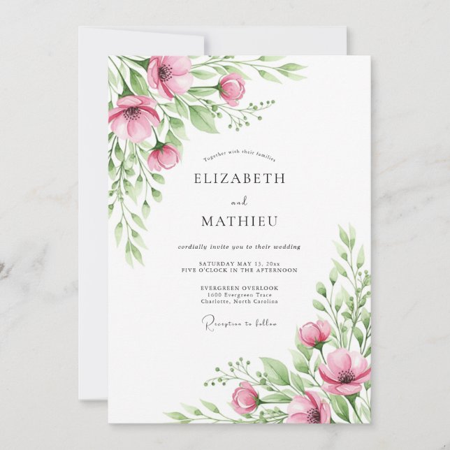 Convite Casamento de Primavera Delicado Rosa Salmão (Frente)