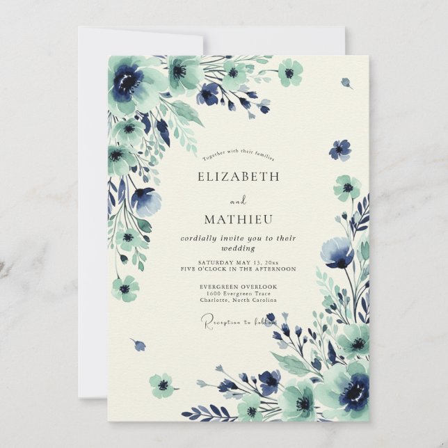 Convite Casamento de Primavera Deslumbrante em Verde Azul (Frente)
