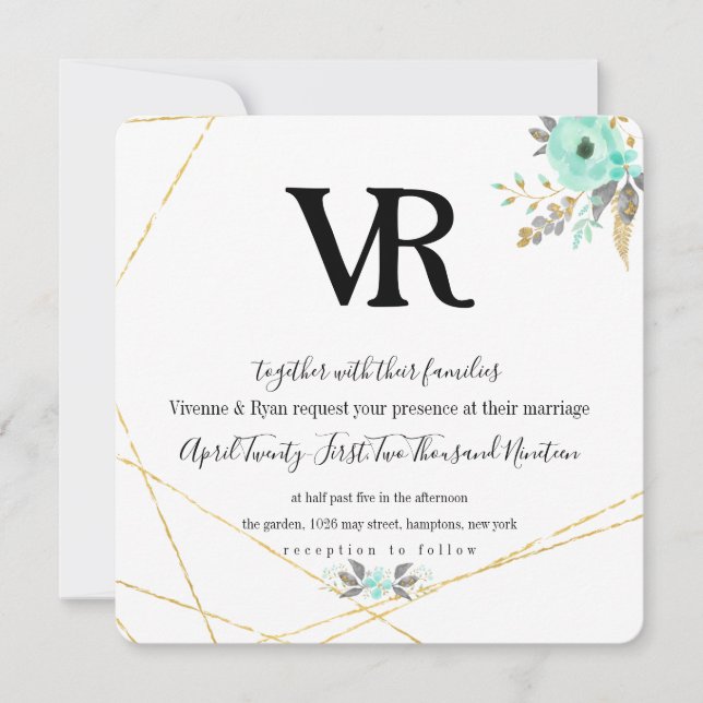 Convite Casamento de primavera Dourada e Teal (Frente)