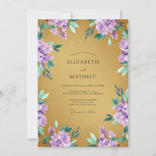 Convite Casamento de Primavera Dourado Regal Lilás (Frente)