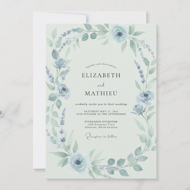 Convite Casamento de Primavera em Azul Desbotado Florido (Frente)