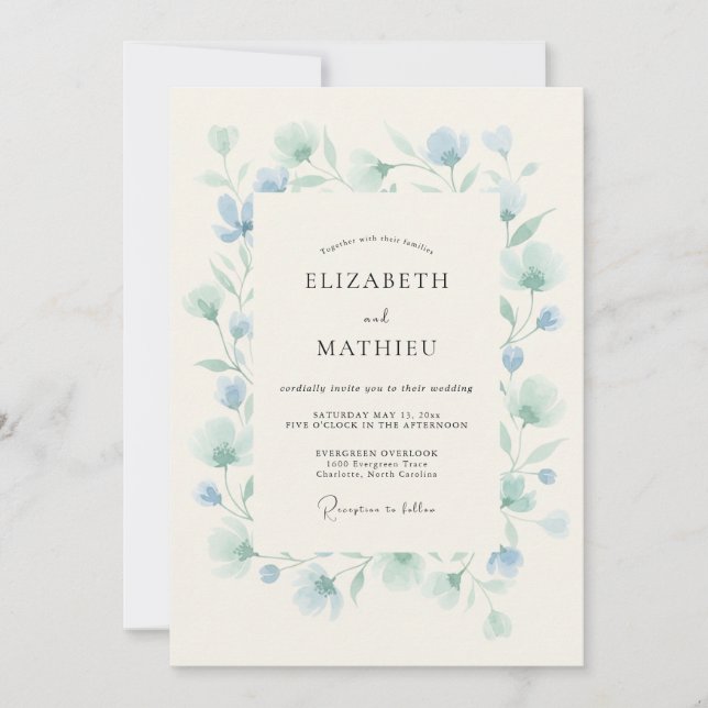 Convite Casamento de Primavera Etéreo Azul Água (Frente)