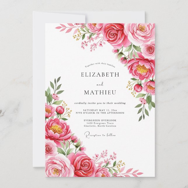 Convite Casamento de Primavera Exquisito em Fuchsia (Frente)