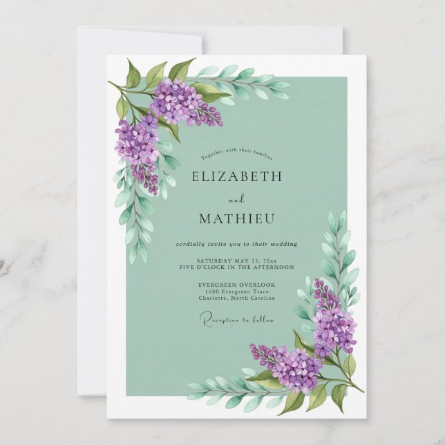 Convite Casamento de Primavera Exuberante Lilás Roxo (Frente)