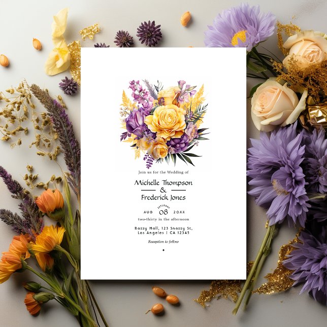 Convite Casamento de primavera Floral Amarelo-lavanda e Ou (Criador carregado)