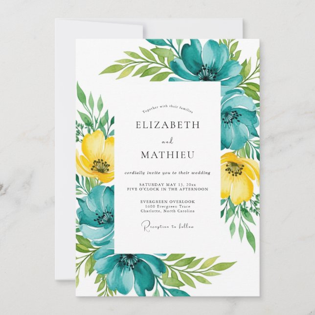 Convite Casamento de Primavera Floral Amarelo Turquesa (Frente)