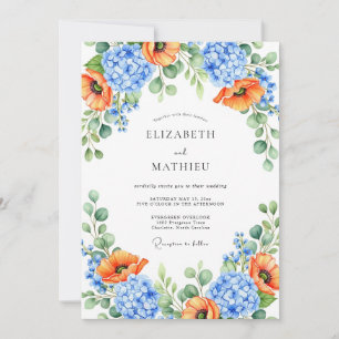 Convite Casamento de Primavera Floral Azul Laranja