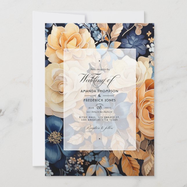 Convite Casamento de Primavera Floral com Champanhe, Azul  (Frente)