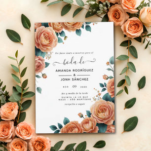 Convite Casamento de primavera Floral Coral Espanhol Elega