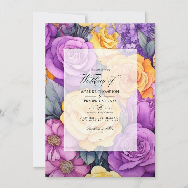 Convite Casamento de Primavera Floral Lavanda e Amarelo (Frente)