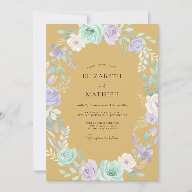 Convite Casamento de Primavera Floral Macio Dourado (Frente)