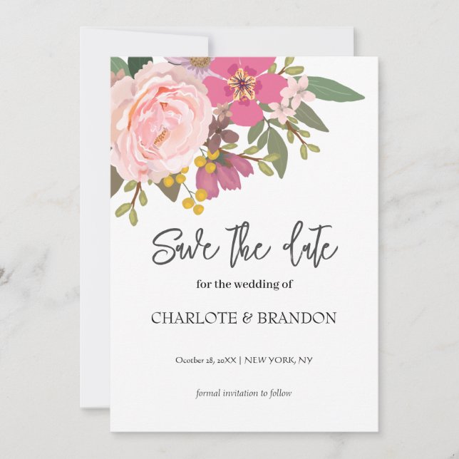 Convite Casamento de primavera Floral Rosa Salva a Data (Frente)