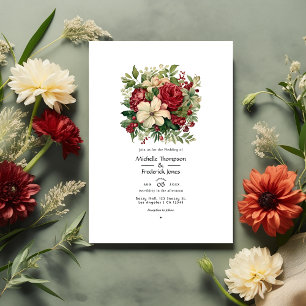 Convite Casamento de Primavera Floral Verde e Carmesim com