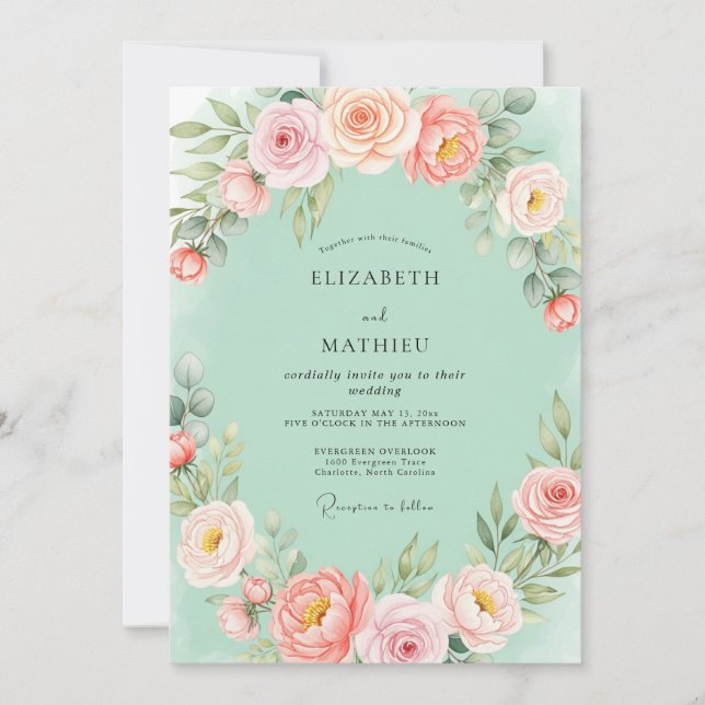 Convite Casamento de Primavera Florescente em Verde Menta (Frente)