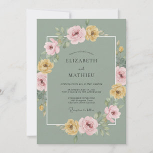 Convite Casamento de Primavera Florido em Verde Sage