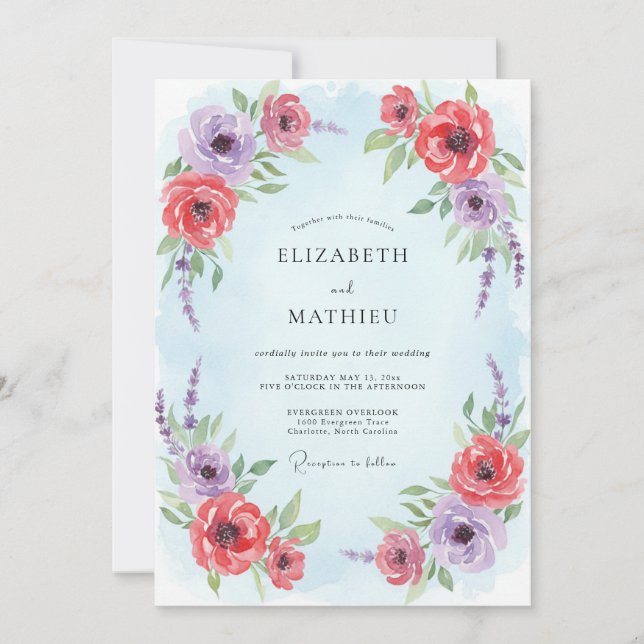 Convite Casamento de Primavera Ilustrativo Azul Claro (Frente)