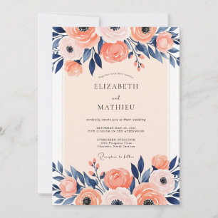 Convite Casamento de Primavera Ilustrativo em Bege Marinho