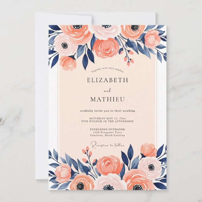 Convite Casamento de Primavera Ilustrativo em Bege Marinho (Frente)