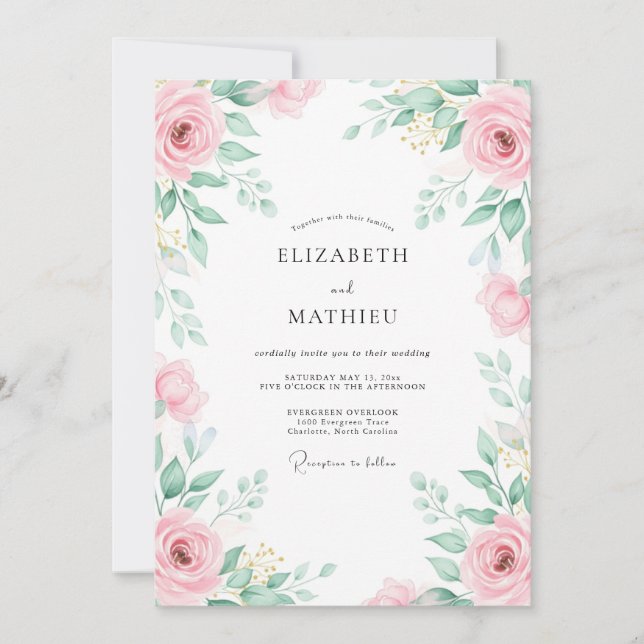 Convite Casamento de Primavera Inesquecível Rosa Pétala (Frente)