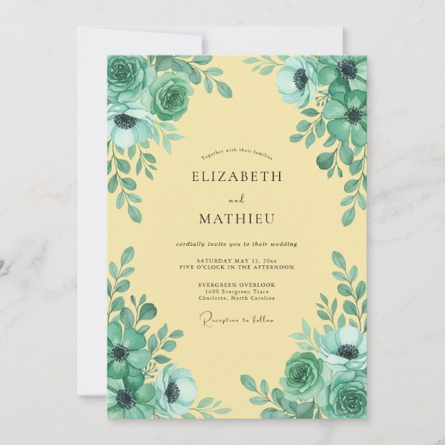 Convite Casamento de Primavera Luxuriante Creme Azul-Verde (Frente)