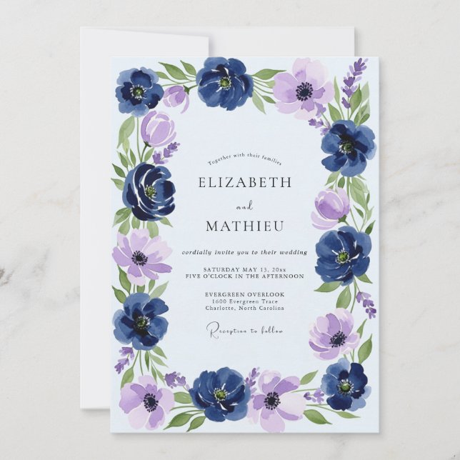 Convite Casamento de Primavera Opulento Azul-Marinho (Frente)