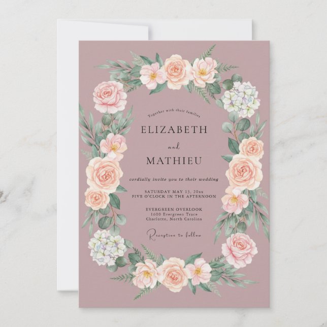 Convite Casamento de Primavera Ornamentado em Rosa Empoeir (Frente)