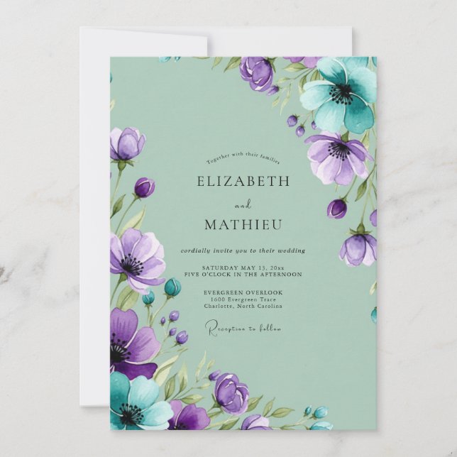 Convite Casamento de Primavera Pintado em Roxo e Verde Men (Frente)
