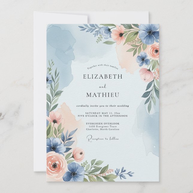 Convite Casamento de Primavera Poético em Azul Desbotado (Frente)