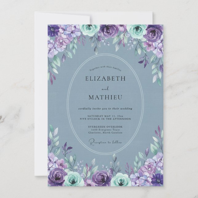 Convite Casamento de Primavera Radiante Roxo Azul (Frente)