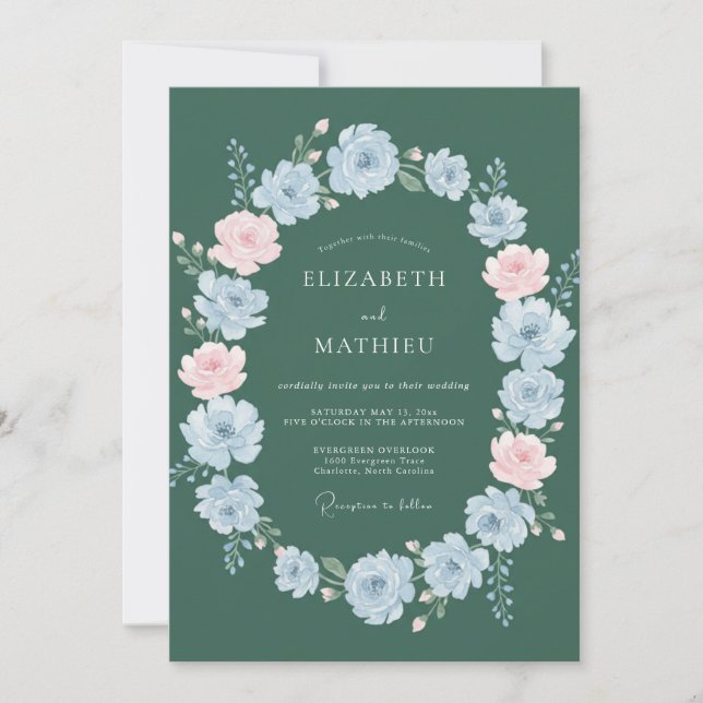 Convite Casamento de Primavera Refinado em Verde Caçador (Frente)