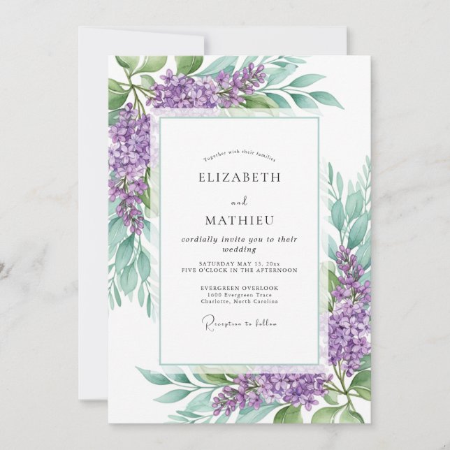 Convite Casamento de Primavera Resplandecente Lilás (Frente)