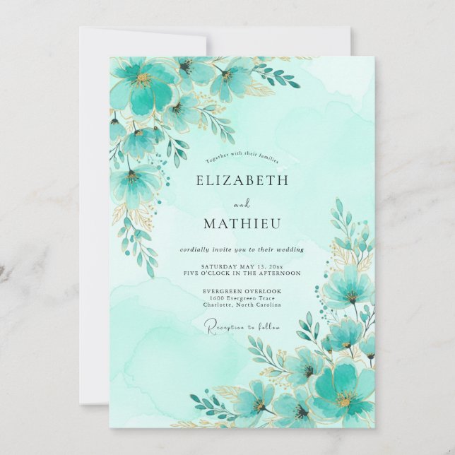Convite Casamento de Primavera Romântico Aqua (Frente)