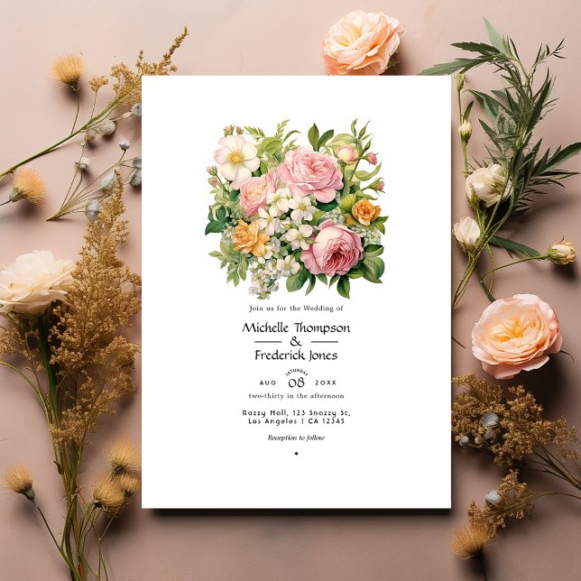 Convite Casamento de Primavera Rosa Pastel, Verde e Marrom (Criador carregado)