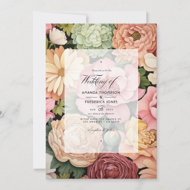 Convite Casamento de Primavera Rosa Pastel, Verde e Marrom (Frente)